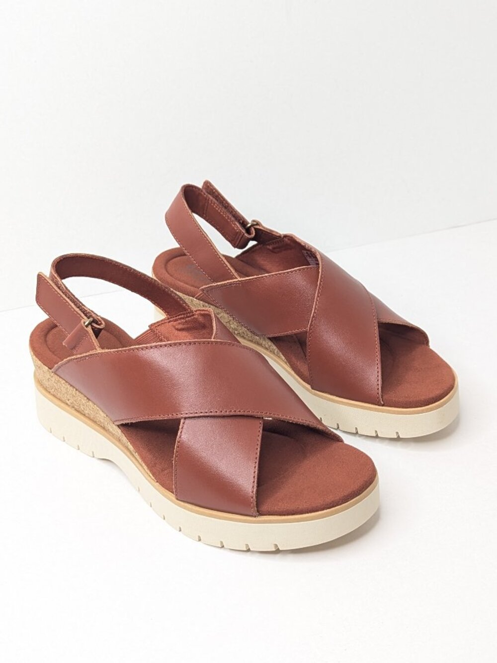 Clarks Diaz Cross Wedge Sandals Burnt Orange Leather Womens 9 Wide